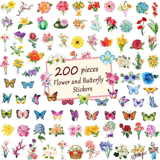 200Pcs Transparent Flower Butterfly Stickers, Aesthetic Nature Floral Decals for Girls Kids Teens Adults, Waterproof Sticker for Water Bottle Scrapbooking Laptop DIY Card Letters Party Supplies