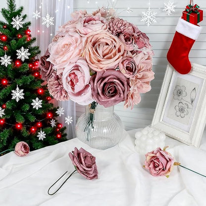 Artificial Flowers Combo Dusty Pink Roses with Stems Bouquets Bridal Wedding Shower Decorations Fake Floral for Party Table Centerpieces Home Decor