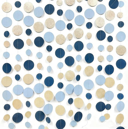 Navy Blue Champagne Gold Polka Dots Garland Hanging Paper Circle Dot Streamer for Birthday Baby Shower Wedding Graduation Engagement Bridal Shower Bachelorette Retirement Party Decorations Supplies