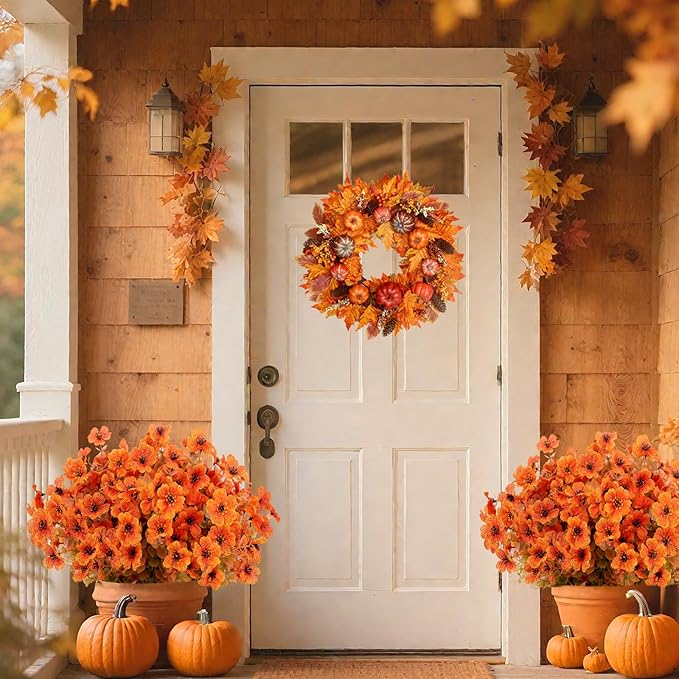 Fall Artificial Flowers for Outdoors Fake Mums for Outside 20 Bundles Faux Silk Orange Dasiy Flower Look Real UV Resistant No Fade Faux Fall Flowers for Front Door Porch Autumn Decoration