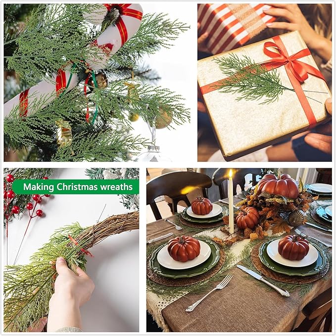 Artificial Pine Branches Faux Cedar Stems 20 Pcs, Fake Leaves Greenery Plants Pine Needles Picks Evergreen DIY Garland Wreath Arrangement Indoor Outdoor Garden Decor Home Wedding Christmas Decoration