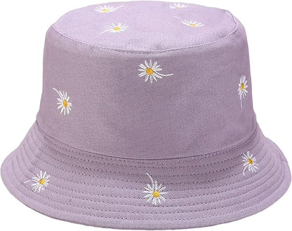 Flower Reversible Bucket Hat Cotton Summer Travel Beach Sun Hats Emboridery for Women Men