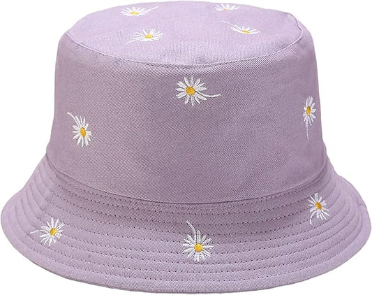 Flower Reversible Bucket Hat Cotton Summer Travel Beach Sun Hats Emboridery for Women Men