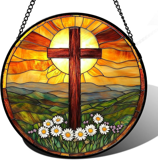 Christian Gifts for Women - Cross Stained Glass Window Hanging Easter Daisy Natural Landscape Sun Catcher Garden Religion Decor Mother's Day Catholic Gift for Men Grandma Mom Her Nana 9.8"