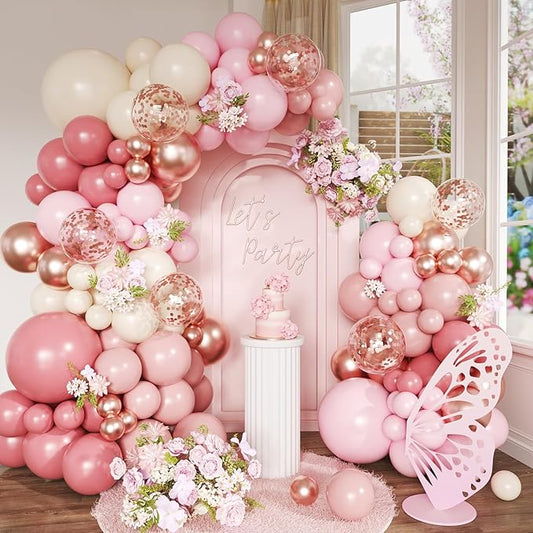 Dusty Rose Pink Balloon Arch Kit, 148Pcs Dusty Pink Macaron Orange Pastel Pink White Sand Rose Gold Confetti Balloons for Baby Bridal Shower Wedding Engagement Birthday Party Decorations