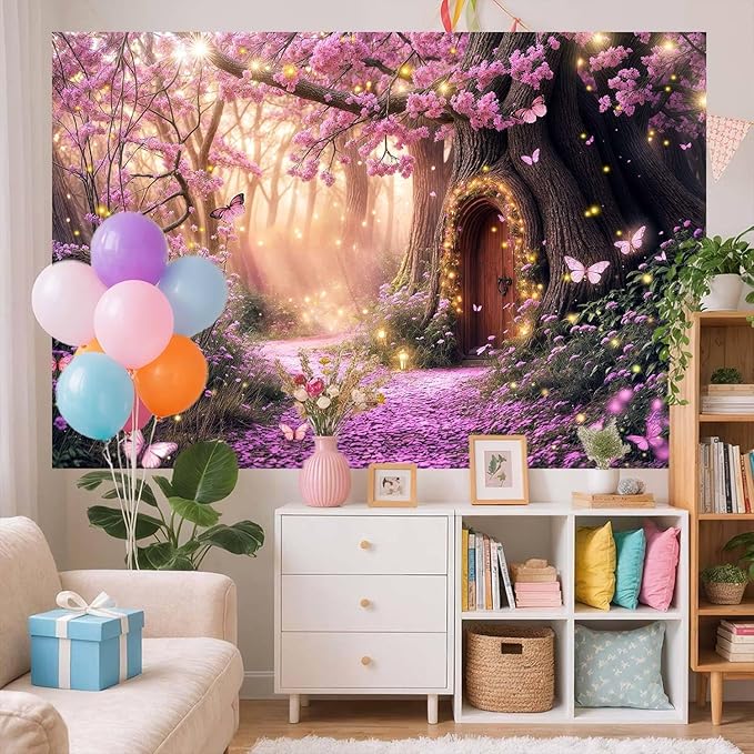 5X3ft Enchanted Forest Backdrop Fairy Tale Purple Garden Wonderland Tree House Floral Background for Kids Girl Baby Shower Birthday Party Decoration Banner Cake Table Photo Booth Props
