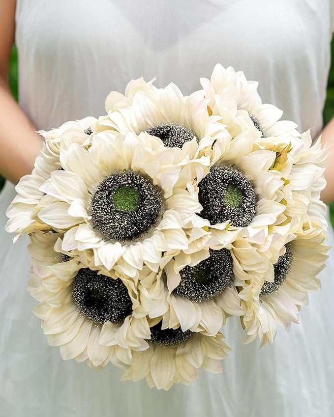 DuHouse 12pcs Artificial Sunflowers with Long Stems 5.5" Silk Sunflowers Bulk for Wedding Home Garden Outdoor Party Decoration(Beige)