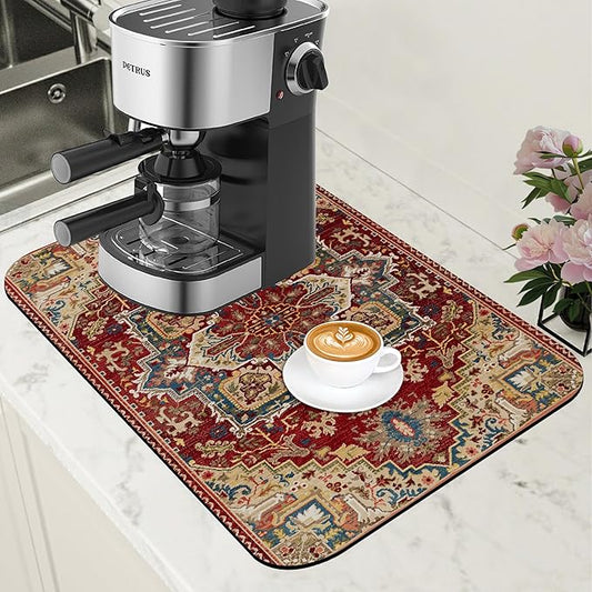 Boho Dish Drying Mat Persian Tribal Coffee Bar Mat for Countertop Absorbent Rubber Backed Hide Stain Dish Drainer Rack Pad Coffee Maker Espresso Machine Dining Room Decoration 11.8 x 19.7 Inch