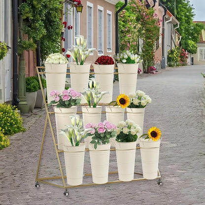 Notakia 12 Inch Large Galvanized Metal Vases Farmhouse French Flower Bucket Vases for Cut Flowers for Home Decor and Wedding Table Centerpiece Decorations (Large Beige 4Pcs)