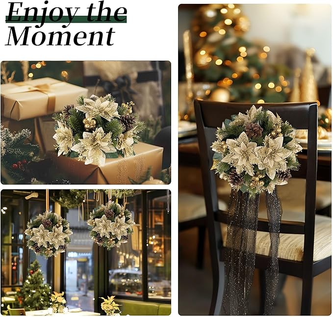 BLOSMON Christmas Poinsettia Centerpieces for Tables: 2 Pcs Gold Poinsettias Artificial Christmas Flower Balls Decoration - Fake Silk Xmas Holiday Floral Arrangements for Room Table Top