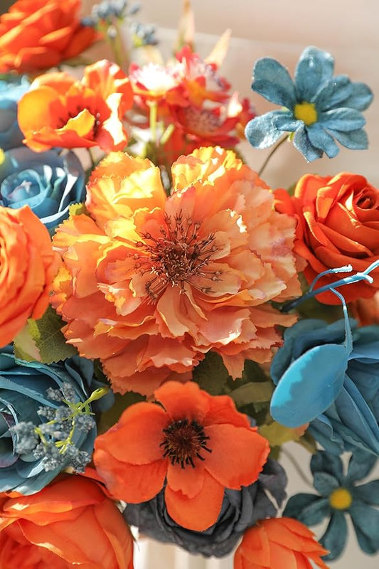 Fall Orange Artificial Flowers Roses Fake Flowers with Stems Blue Orange Artificial Flowers for DIY Bridal Bouquets Faux Flowers Centerpieces for Table Home Decor