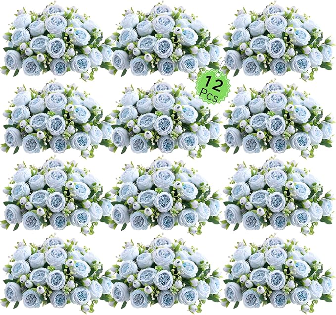 ASTRYAS 12Pcs Blue Artificial Flowers, Fake Peonies Silk Peony Faux Flowers for Decoration DIY Bridal Bouquet Centerpiece Table Wedding Party Home Decor Floral Arrangement(Blue)