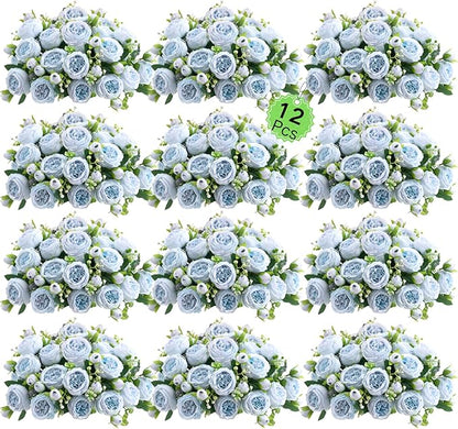ASTRYAS 12Pcs Blue Artificial Flowers, Fake Peonies Silk Peony Faux Flowers for Decoration DIY Bridal Bouquet Centerpiece Table Wedding Party Home Decor Floral Arrangement(Blue)