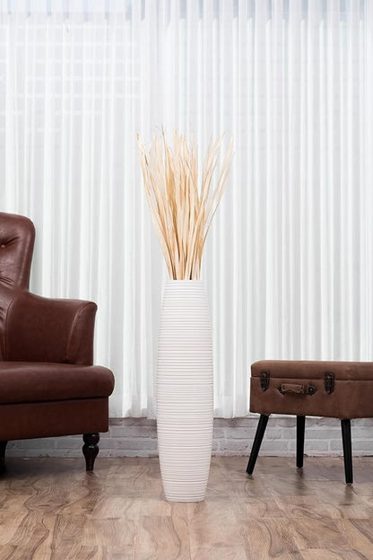 Leewadee Large 26″ Tall Floor Vase, White - Handcrafted Mango Wood for Pampas & Dried Stems