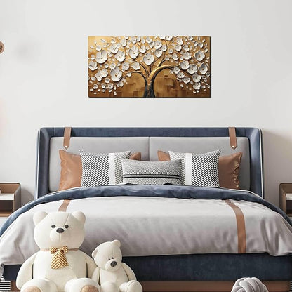 Large Wall Art for Living Room Bedroom Office Tree Art Wall Decor Gold Artwork Tree of Life Wall Art White Flower Framed Wall Decor Modern Canvas Prints 20x40 In