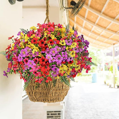 Artificial Faux Plants Flowers Outdoor Decoration,16 Bundles Fake Silk Colorful Daisy Eucalyptus Realistic UV Resistant for Outside Home Planter Porch Patio Yard Decor (Mix Purple Pink Yellow Red)