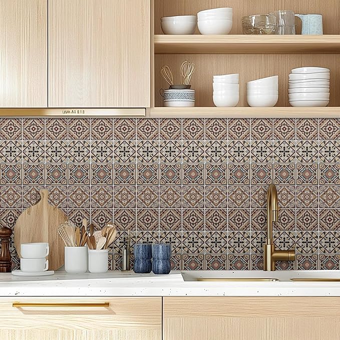 CHGCRAFT 36 Pcs 4 Style Wall Stickers Beige Geometric Peel and Stick Wall Tile Sticker Retro Texture Pattern Waterproof Self Adhesive Stick on Tile Decals for Kitchen Bathroom Art Decor, 4×4 Inch