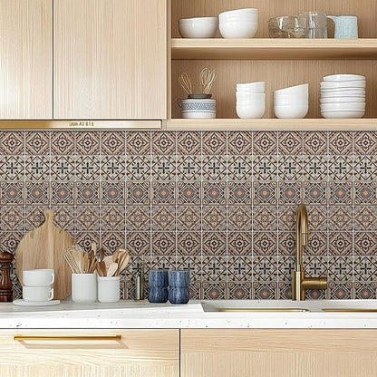 CHGCRAFT 36 Pcs 4 Style Wall Stickers Beige Geometric Peel and Stick Wall Tile Sticker Retro Texture Pattern Waterproof Self Adhesive Stick on Tile Decals for Kitchen Bathroom Art Decor, 4×4 Inch