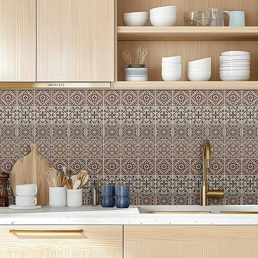 CHGCRAFT 36 Pcs 4 Style Wall Stickers Beige Geometric Peel and Stick Wall Tile Sticker Retro Texture Pattern Waterproof Self Adhesive Stick on Tile Decals for Kitchen Bathroom Art Decor, 4×4 Inch