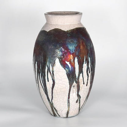RAAQUU Large Oval Ceramic Half Copper Matte Vase S/N0000186 13.5" Raku Clay Pottery Handcrafted Art Home Décor Table Centerpiece Unique Gift for Her, Mom