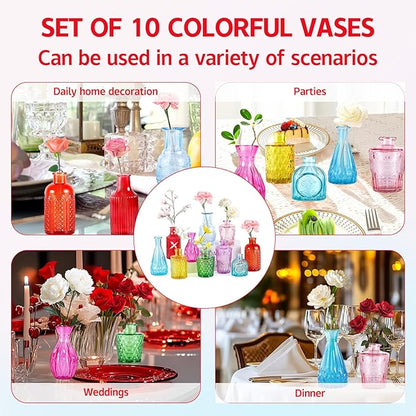 Blcculi Glass Bud Vases Set of 10,Mini Flowers Vase in Bulk,Vintage Colored Vase,Small Glass Vases for Centerpieces,Wedding,Parties,Reception Decor,Table Decorations,Gifts