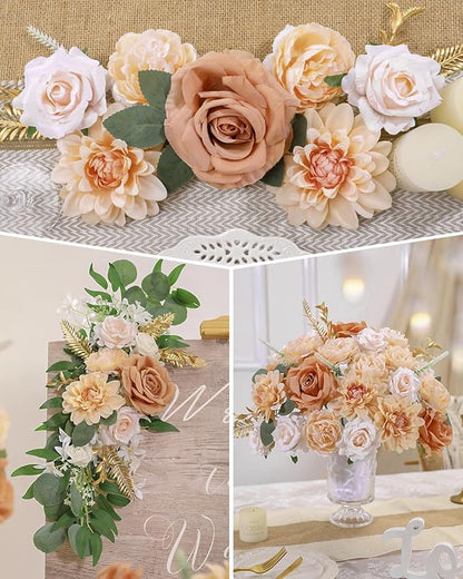 Senseya Artificial Flowers Combo, Nude Color Silk Roses, Peonies, Dahlias with Stems for DIY Wedding Bouquets, Baby Shower, Table Centerpieces, Home Decor, Fake Floral Arrangements, Party Decorations