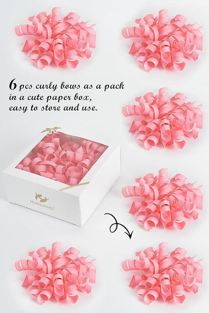 HUIHUANG Pink Bows for Gift Wrapping, Pink Curly Ribbon Bows Self Adhesive Burst Gift Bow for Presents, Wine Bottle, Treat Bags, Wrap Accessories, Bridal Shower Wedding Party Favor - 6 Counts