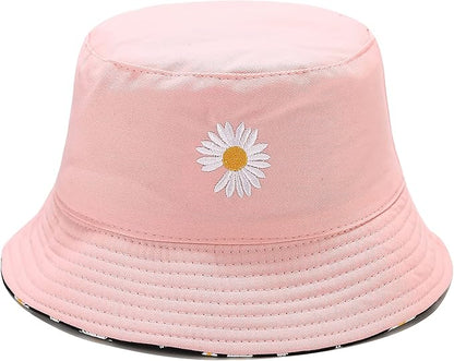 Flower Reversible Bucket Hat Cotton Summer Travel Beach Sun Hats Emboridery for Women Men
