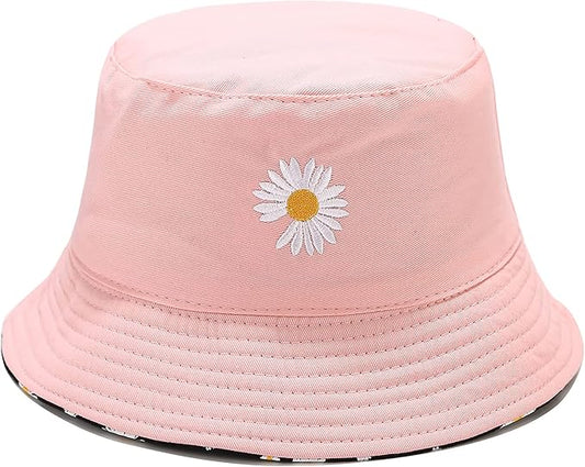 Flower Reversible Bucket Hat Cotton Summer Travel Beach Sun Hats Emboridery for Women Men