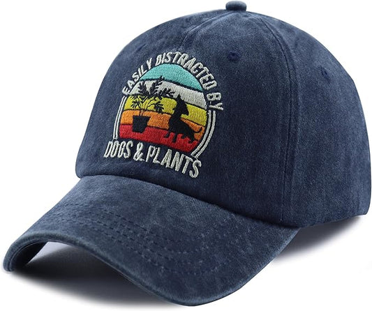 Easily Distracted by Dogs and Plants Hats, Adjustable Plant and Dog Decor Embroidered Baseball Cap for Men Women