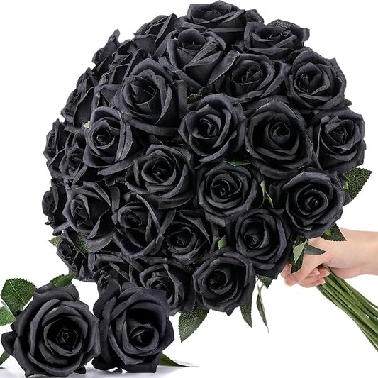 30 Pcs Rose Artificial Flowers in Bulk Real Touch Long Stem Silk Roses Bouquets Realistic Faux Flowers for Wedding Bridal Shower Home Decor Floral Arrangements Table Centerpiece(Black)