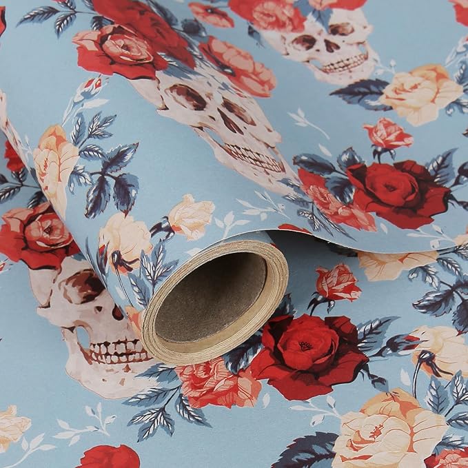 Aimyoo Blue Red Floral Kraft Wrapping Paper Roll, All Occasion Skull Flower Gift Wrap Paper for Birthday Bridal Shower 17 in x 10 ft