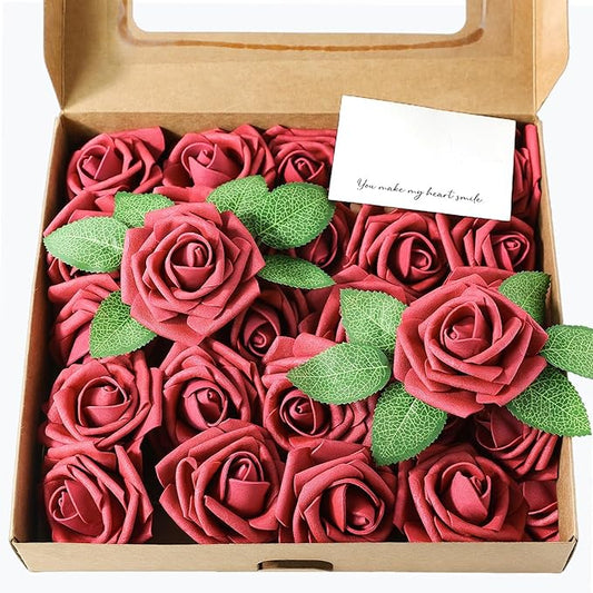 Meldel Artificial Flower 50pcs Real Looking Red Rose Fake Foam Roses with Stems for DIY Wedding Bouquets Gifts Bulk Crafts Faux Floral Centerpieces Arrangements Home Party Tables Decorations