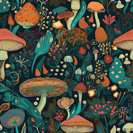 Dark Green/Brown/Teal Blue Mystical Forest Mushroom Peel and Stick Wallpaper Easy Peel Off Contact Paper Stick on Adhesive Wall Paper for Bathroom Waterproof Renter Friendly