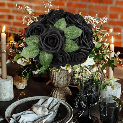 AmyHomie Artificial Flowers Black Rose 25pcs Real Looking Fake Roses w/Stem for DIY Wedding Bouquets Centerpieces Arrangements Party Baby Shower Valentines Day Christmas Tree Decorations