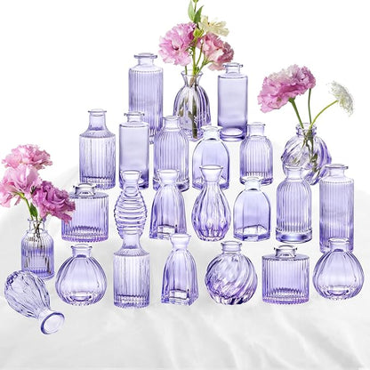 Glass Bud Vases 24 in Bulk, Small Purple Vase Glass Vases for Flowers Modern Ribbed Colored Bud Vase for Decor Wedding Flower Vase in Bulk Vintage Decor Bridal Shower Centerpieces Home Decoration