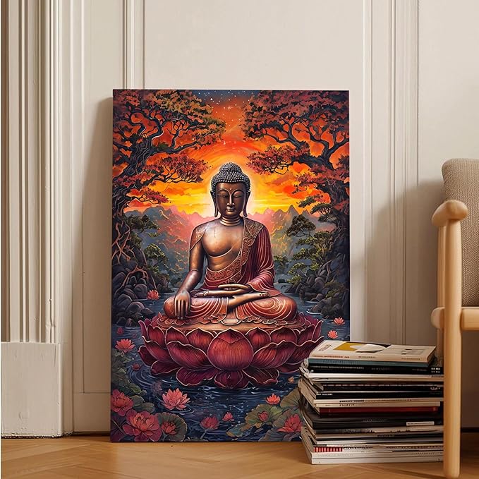 Golden Buddha on lotus seat serene meditation statue amidst lush trees flowing water and sunrise light spiritual home art for a tranquil decor 32x48in Frameless