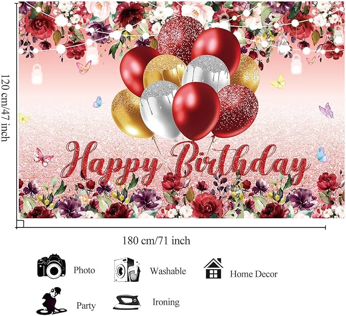 YinQin 180x120 cm Red Golden Flower Happy Birthday Party Photo Backdrops Cloth 71x47 inch Bday Photography Backgrounds Glitter Flower Golden Happy Birthday Sign Banners Decorations for Women Girl