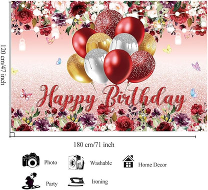 YinQin 180x120 cm Red Golden Flower Happy Birthday Party Photo Backdrops Cloth 71x47 inch Bday Photography Backgrounds Glitter Flower Golden Happy Birthday Sign Banners Decorations for Women Girl