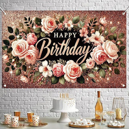 Happy Birthday Backdrop Banner Rose Gold Glitter Floral Photography Background for Women Girls Lady Wedding Baby Shower Birthday Supplies Photo Props Party Decorations Cake Table 6x4ft