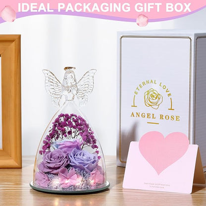 Christmas Rose Gifts for Women Preserved Real Flower in Glass Angel Figurines Roses for Delivery Prime Birthday Gifts for Mom Grandma Girlfriend Wife Her, Multi Purple