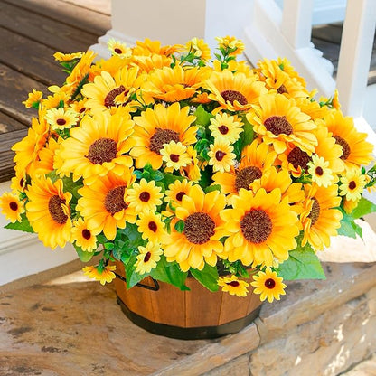 Sunflowers Artificial Flowers, 10 Bunches Fake Sunflower Artificial Flowers for Outdoors Spring Summer Decoration Look Real UV Resistant Fake Flowers for Home Porch Garden Wedding Party Office Indoor