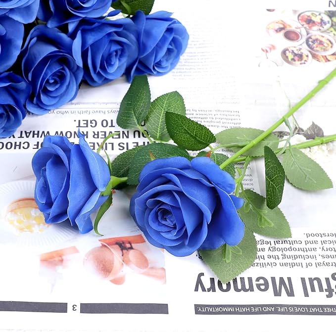 Artificial Rose Flower Artificial Flowers Flower with Long Stem Silk Roses Bouquet for Wedding Bridal Shower Party Home Decoration (Royal Blue, 12 Pcs)