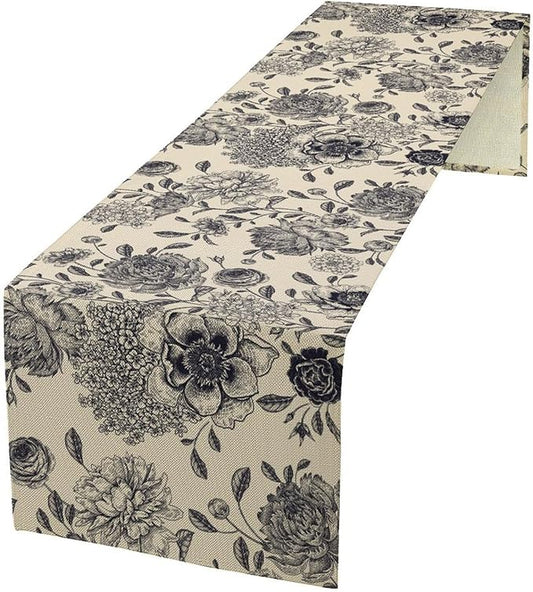Black White Flower Table Runner,Vintage Wildflower Decor Table Runner for Home Kitchen Table Dining Indoor Outdoor Party Decor 13x70 Inch