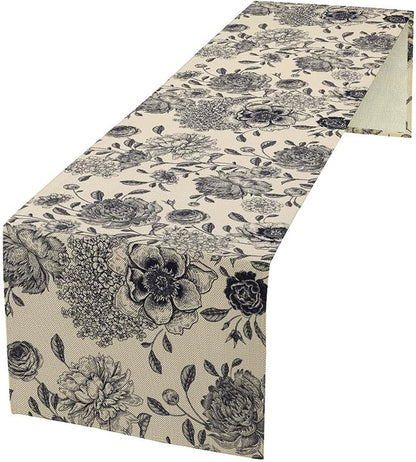 Black White Flower Table Runner,Vintage Wildflower Decor Table Runner for Home Kitchen Table Dining Indoor Outdoor Party Decor 13x36 Inch