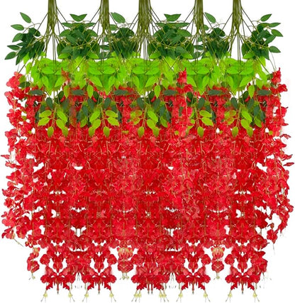 24 Pack Red Wisteria Hanging Flowers Garland, 3.77 Feet Artificial Flower Vines, Fake Wisteria, Artificial Vines Hanging Garland for Backdrop Outdoor Yard Garden Decor
