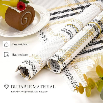 Placemats, Place Mats Set of 6 Washable Wipeable Vinyl Placemats for Kitchen Dining Table Wedding Accent Indoor/Outdoor Durable PVC Table Mats Non Slip (White)