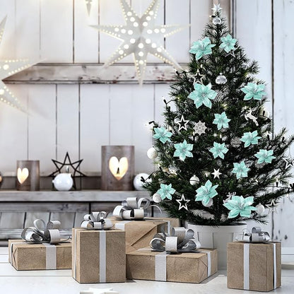WILLBOND 24 Pcs 3 Size Poinsettia Flower Artificial Christmas Decor Glitter Poinsettia Christmas Ornaments Faux Flowers for Xmas Tree Outdoor(3.2/4/6 Inches,Blue and Green)
