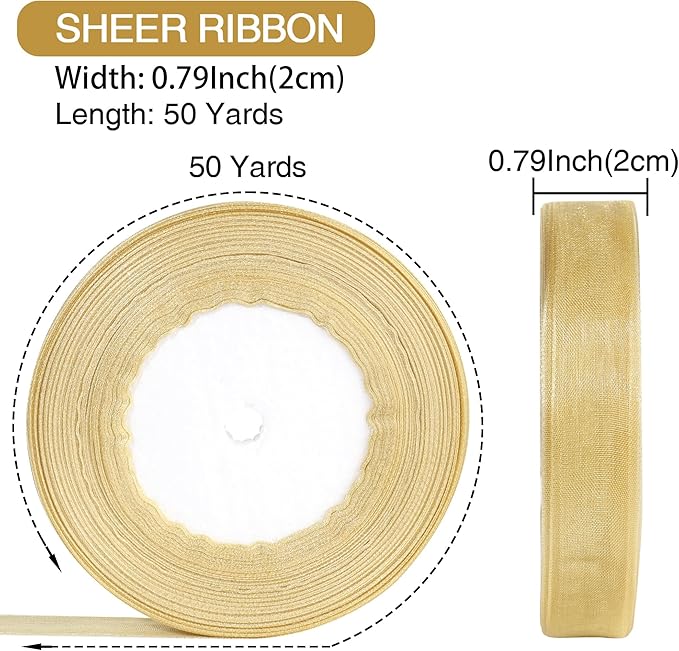 3/4 Inch x 50 Yards Sheer Organza Ribbon Chiffon Ribbon for Gift Wedding Flower Bouquet Wrapping Decorations Crafts (Champagne)
