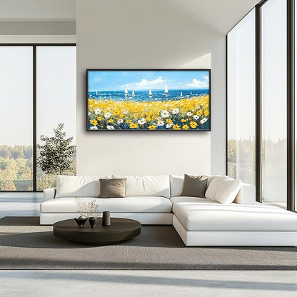 Coastal Flowers Large Wall Art Framed Blue Wall Decor for Living Room Ocean Sailboat Pictures Oversized Canvas Print Painting Modern Extra Large Framed Artwork for Bedroom Office 60"x30"